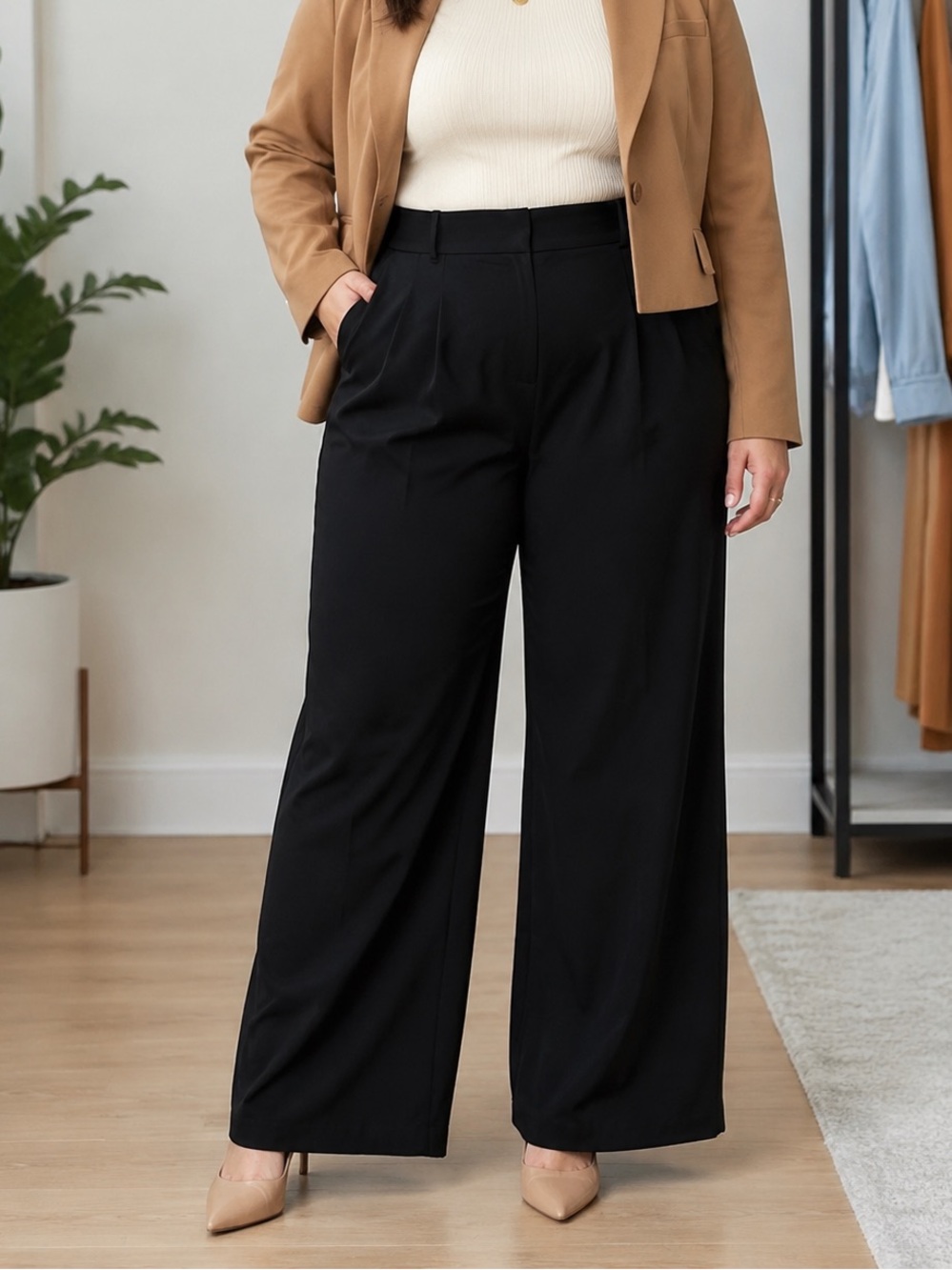 High-Waist Black Wide-Leg Women's Trousers,